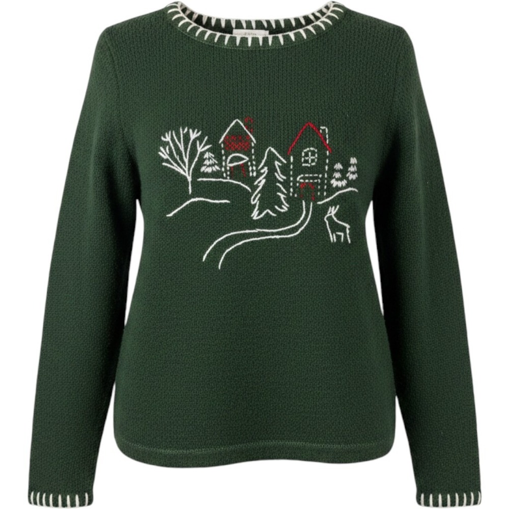 Christopher & Banks Sweater Women XL Green Hand Embroidered Winter Scene Village